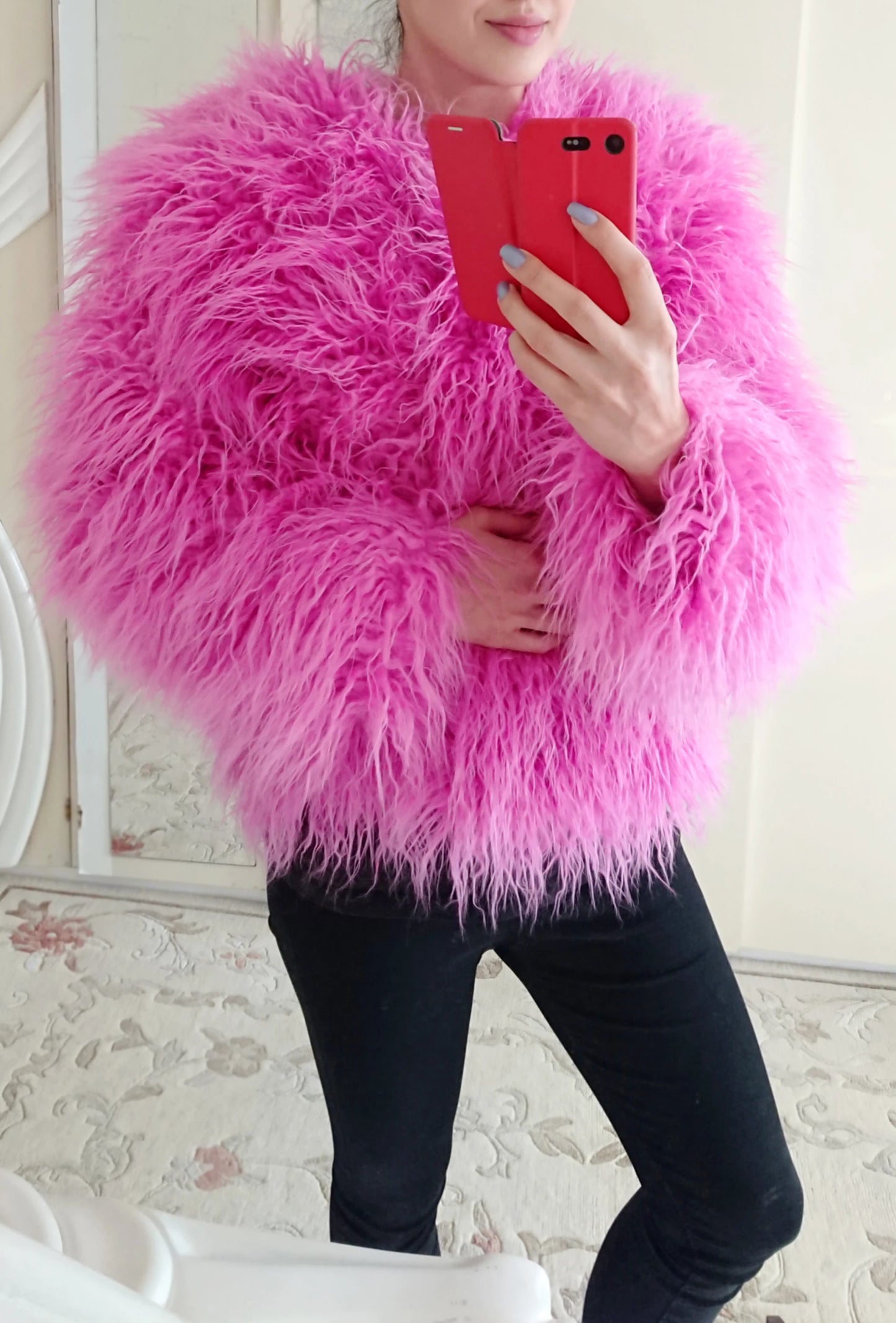 Cappotto Pelliccia Sintetica Rosa Donna Autunno Inverno Elegante Caldo Spesso Morbido Lavorazione A Maglia