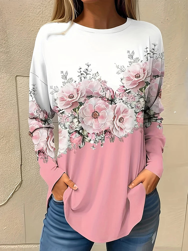 Magliette Calde Da Donna Per Autunno Inverno Maniche Lunghe Stampe Fiori 3D Casual Street Style