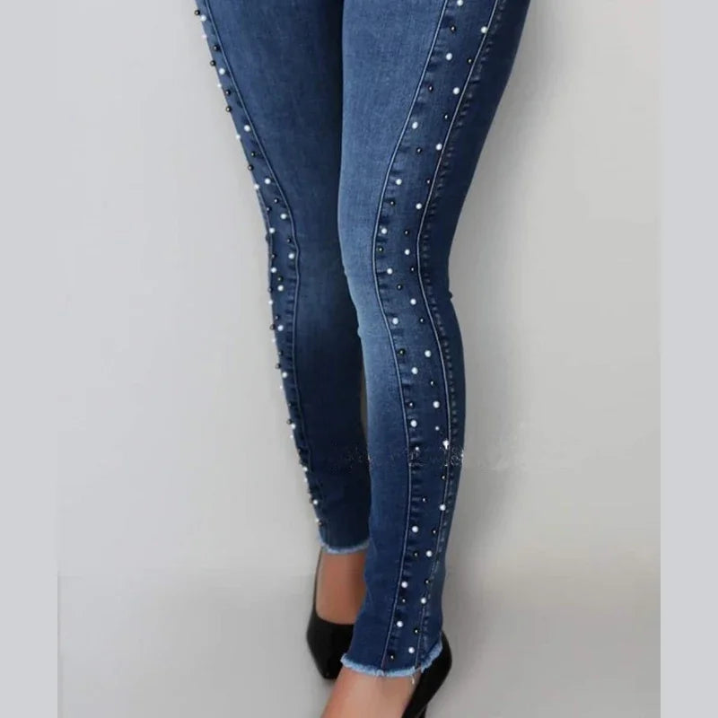 Jeans Donna Vita Alta Slim Skinny Denim Elastico Blu Vintage Con Perline Push Up Pencil