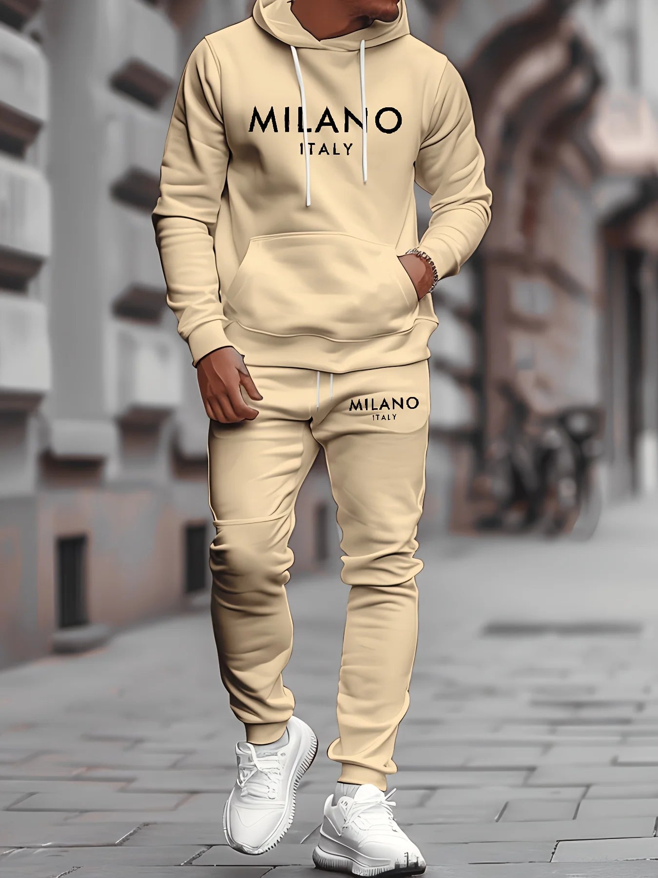 Felpa Sportiva Da Uomo Autunno Inverno Calda In Velluto Spesso Stampa Lettera Milano Italia E Set Pantaloni Della Tuta