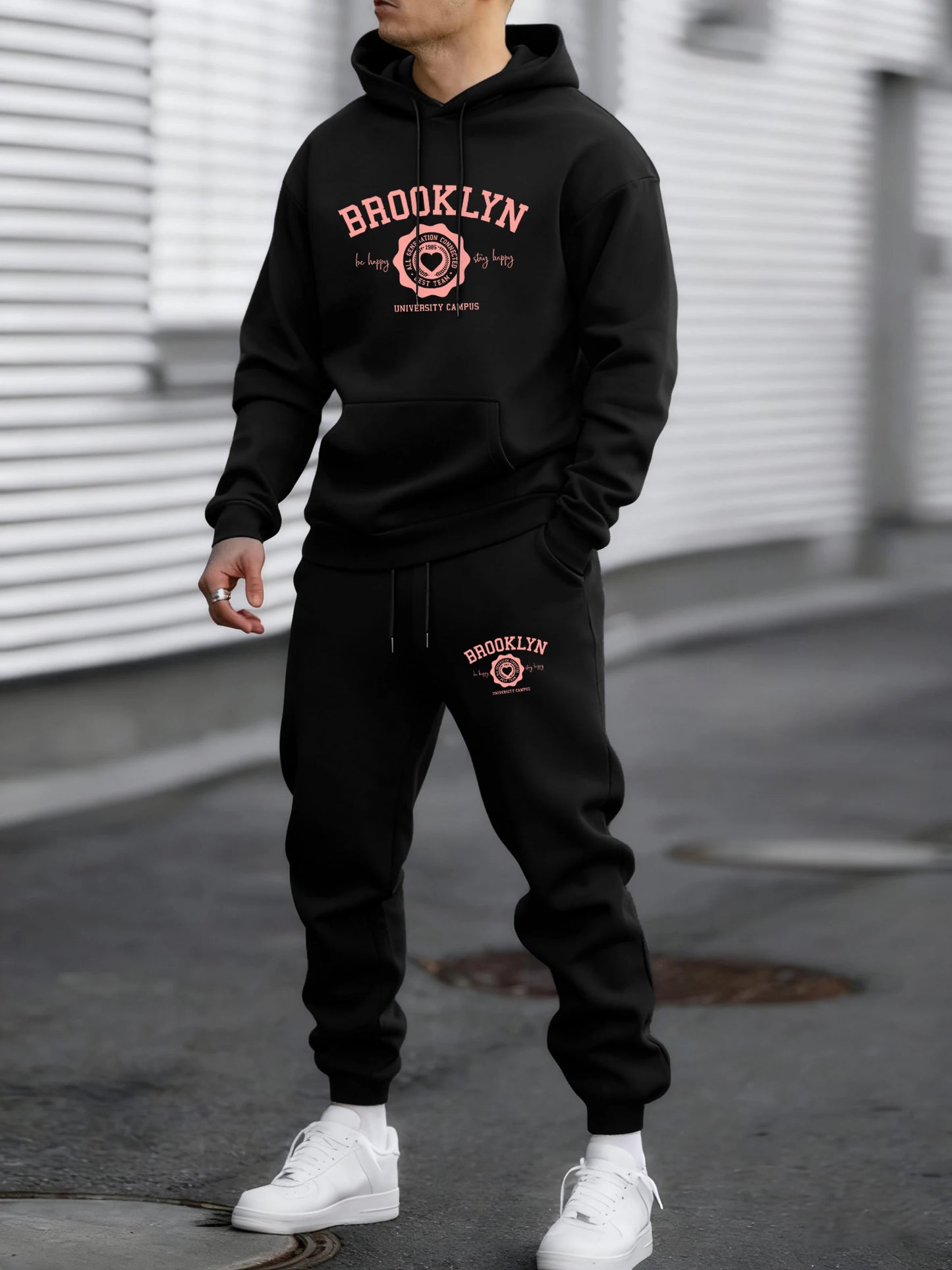 Felpa Con Cappuccio Uomo Heart Print Brooklyn Best Team Autunno Hip Hop Morbido Pile Pantaloni Semplici Sportivi