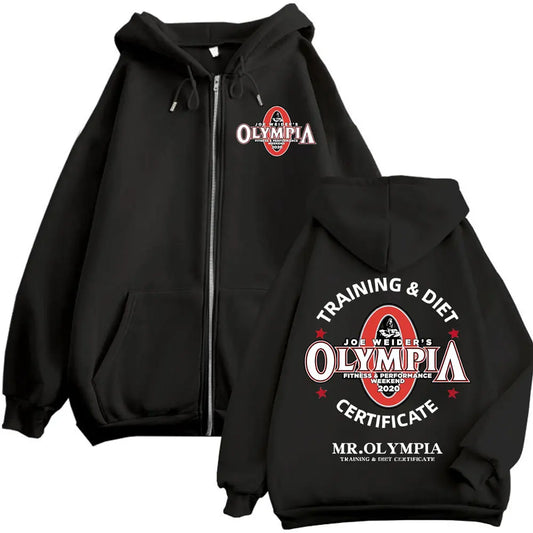 Certificato dietetico di allenamento Mr Olympla Felpa con cappuccio con cerniera grafica Uomo Donna Palestra Fitness Felpa con zip Moda casual Pullover larghi