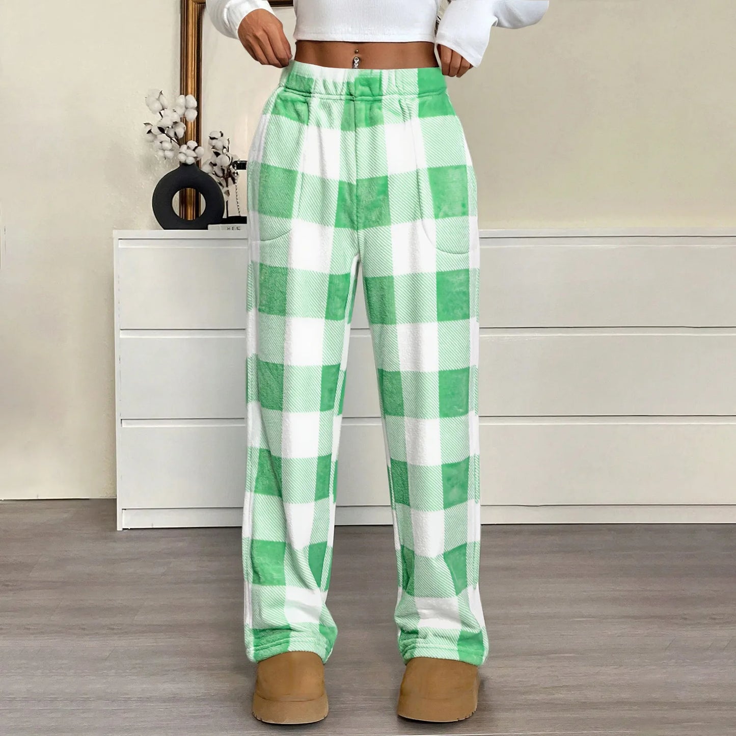 Pantaloni Del Pigiama Da Donna Con Vita Elastica E Scozzesi In Pile Morbidi Con Tasche Peluche