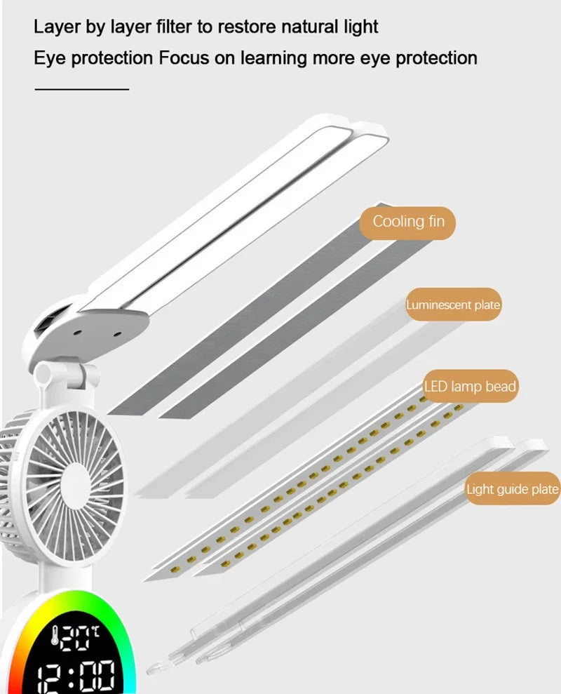 Lampada Da Tavolo Led Con Ventilatore Orologio Ricaricabile Luminosità Regolabile Per Studio Scrivania