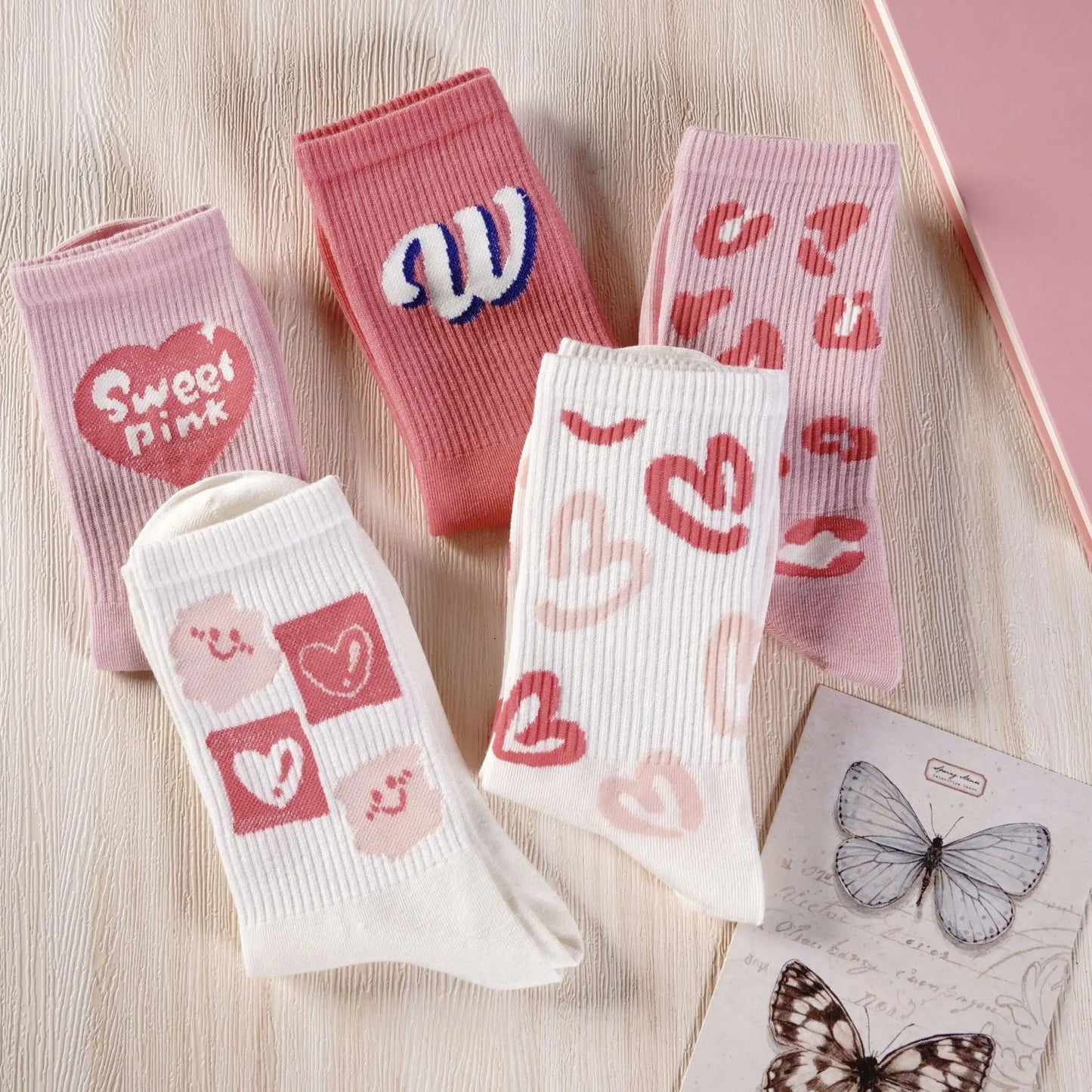 5 Paia Calzini Da Donna In Cotone Set Autunno Primavera Inverno Kawaii Harajuku Rosa Bianco Love Print