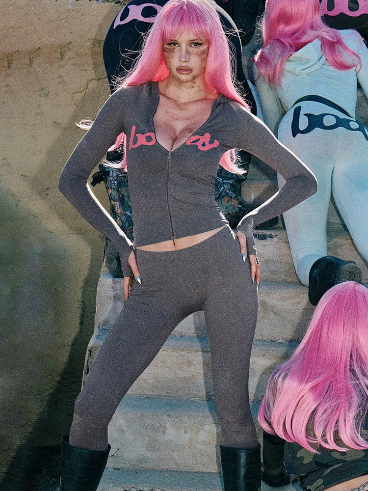 Tuta Due Pezzi Da Donna Con Giacca Cappuccio E Leggings Abbinati Slim Fit Streetwear Sportivo