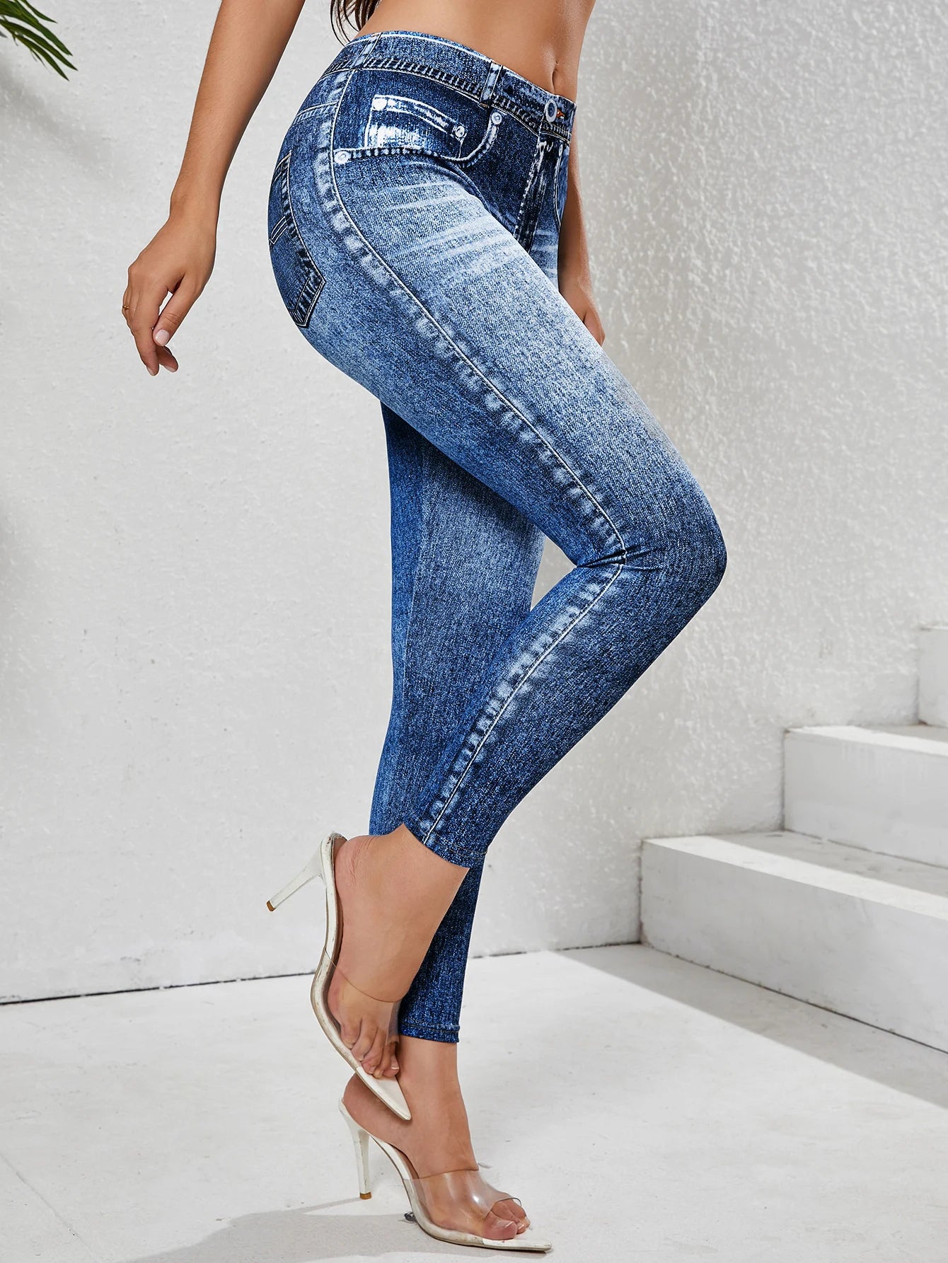 Leggings Denim Imitazione Da Donna Con Tasche Pantaloni Yoga Palestra Comfort Elasticizzati Da Indossare Ogni Giorno