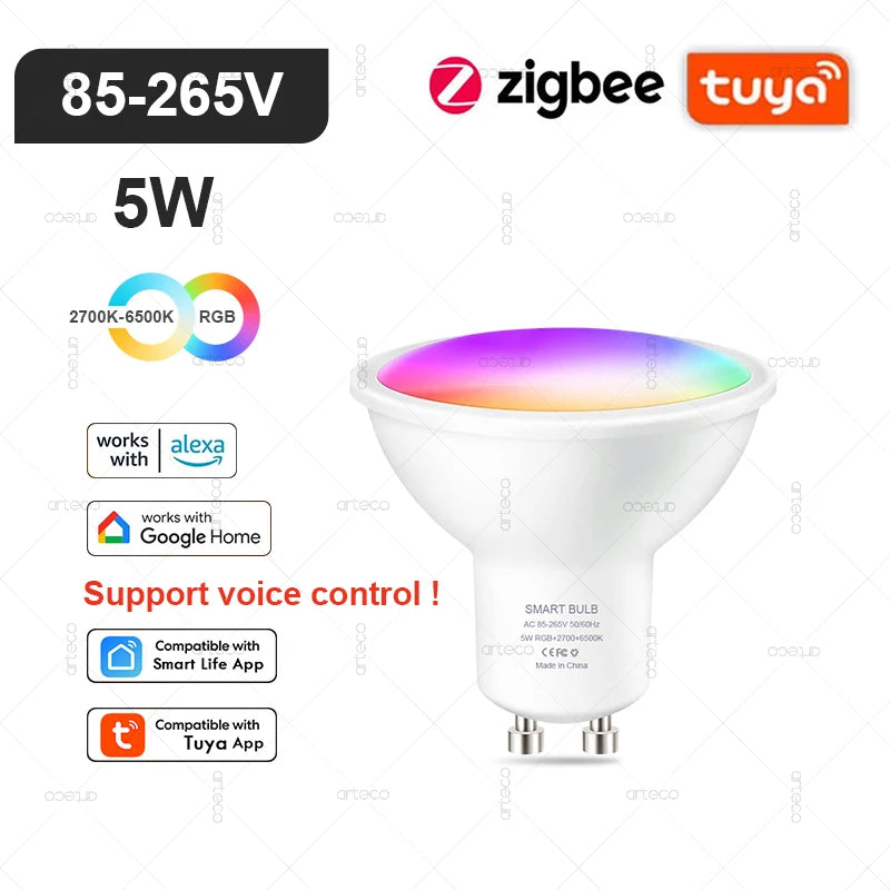 Lampadina LED Intelligente E27 E14 GU10 con WiFi Zigbee Bluetooth Dimerabile RGB 2700K a 6500K Compatibile Alexa e Google