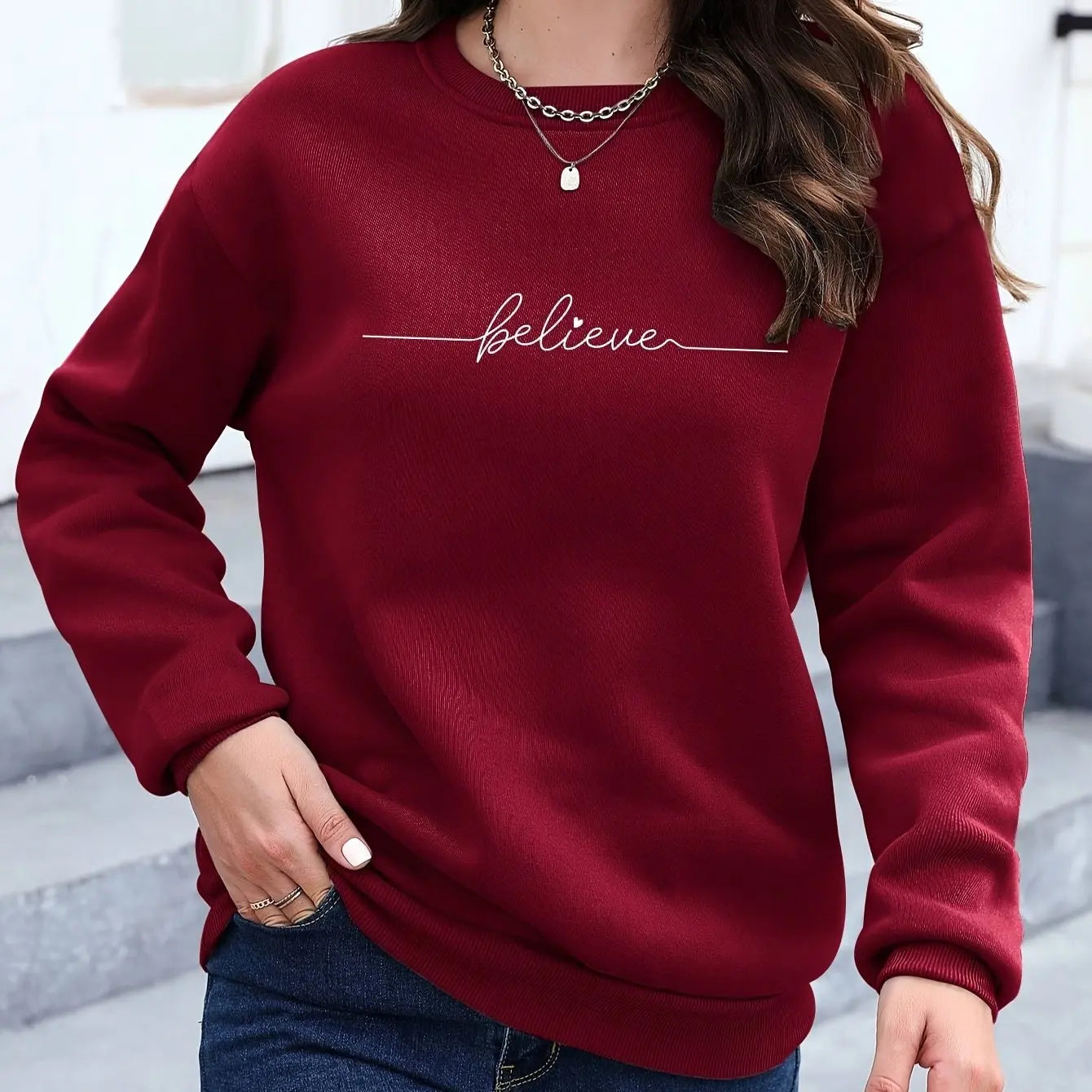 Felpa Donna Con Stampa Cuore Design Geometrico Manica Lunga Girocollo Lavabile In Lavatrice Vestibilità Regolare Autunno