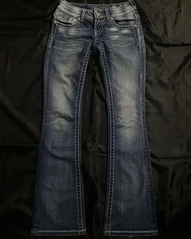 Jeans Vintage Streetwear Y2K Da Donna Tasca Con Paillettes Blu Lavato Pantaloni Larghi Vita Media