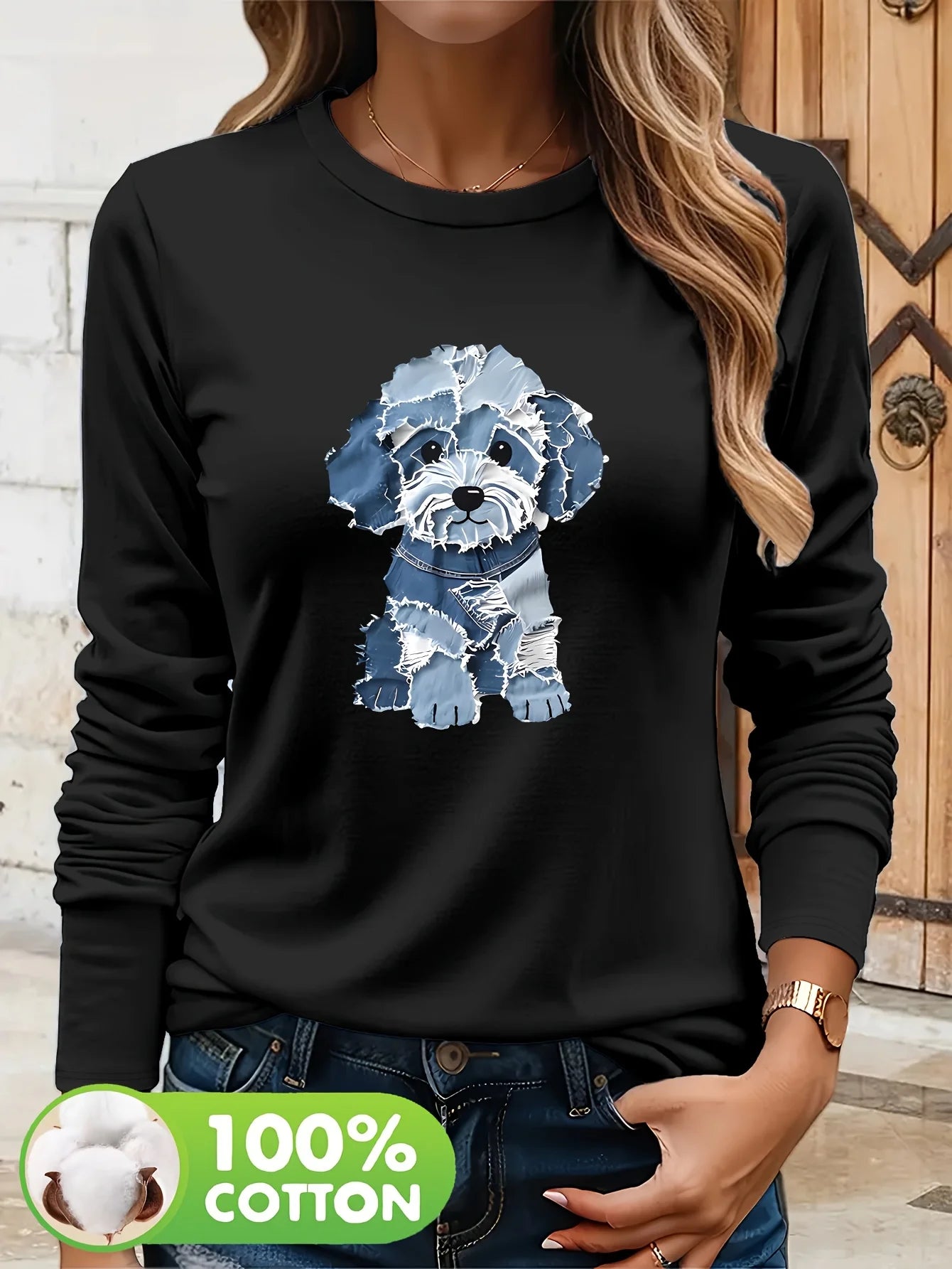 T Shirt Da Donna Autunno Inverno 100 Percento Cotone Con Stampa Cuore Girocollo Maniche Lunghe