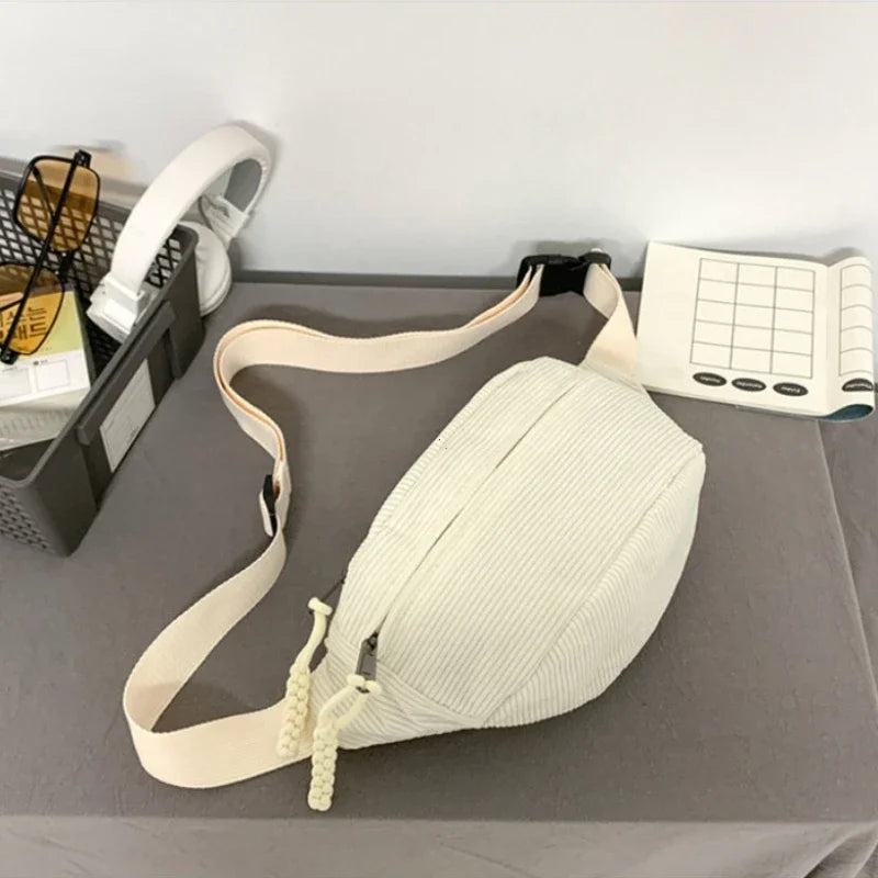 Marsupio da Donna in Velluto a Coste di Grande Capacità Borsa da Petto Stile Street Borsa a Tracolla Cintura Casual