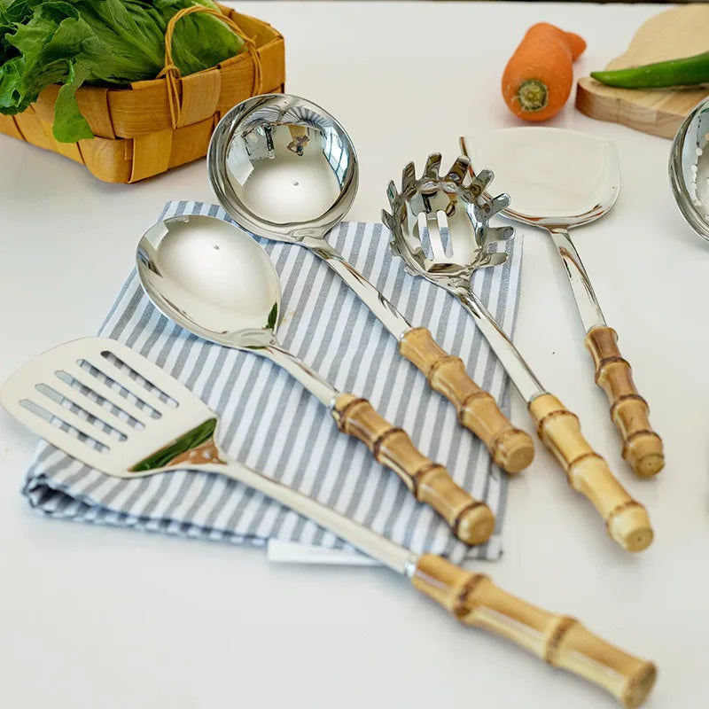 Pala Frittura In Acciaio Inossidabile Con Manico In Bambù Naturale E Cucchiaio Zuppa Giapponese Set Utensili Cucina