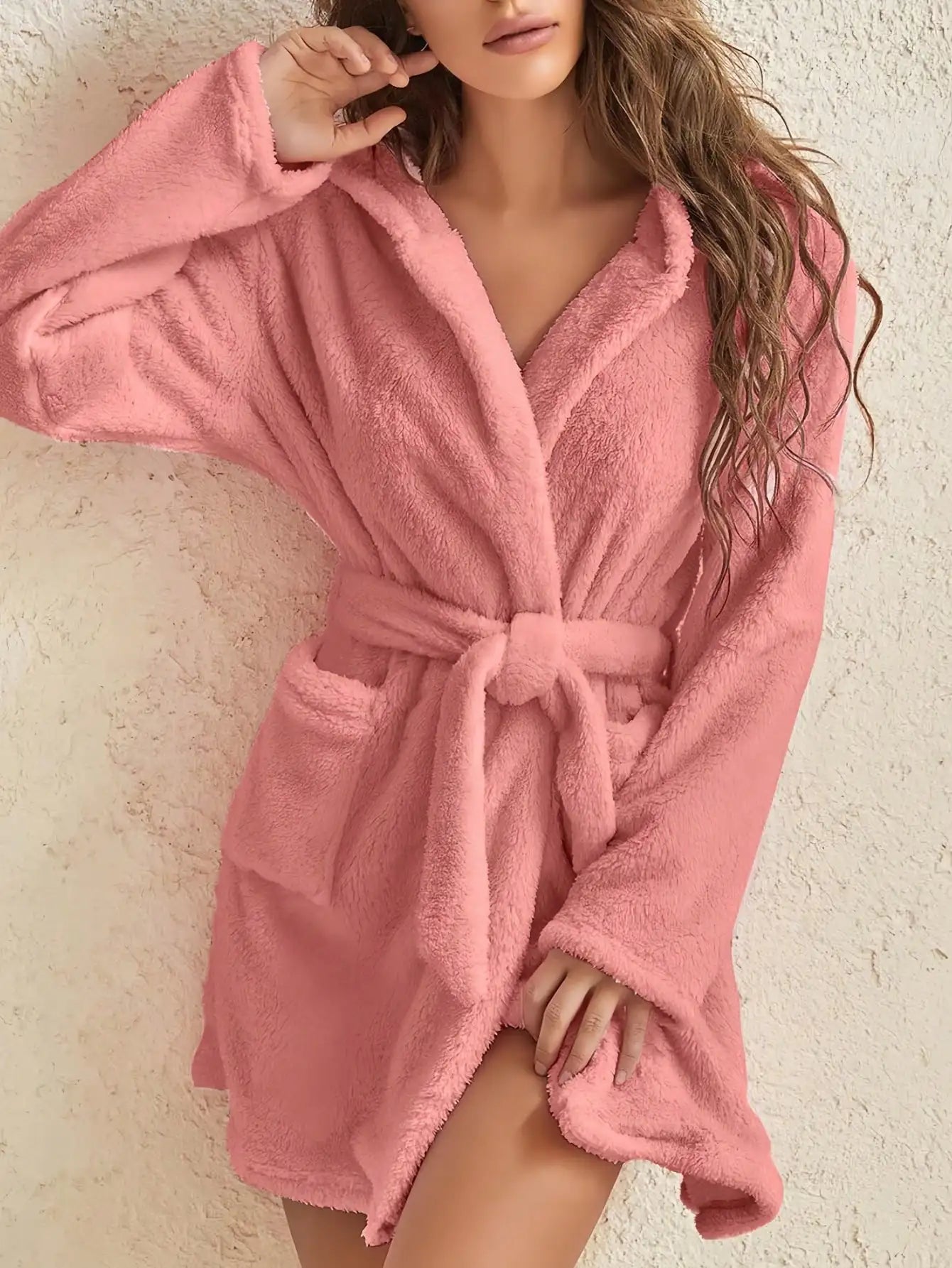 Vestaglia Da Donna Con Cappuccio Tinta Unita Con Cintura Calda E Morbida Per Casa Autunno Inverno