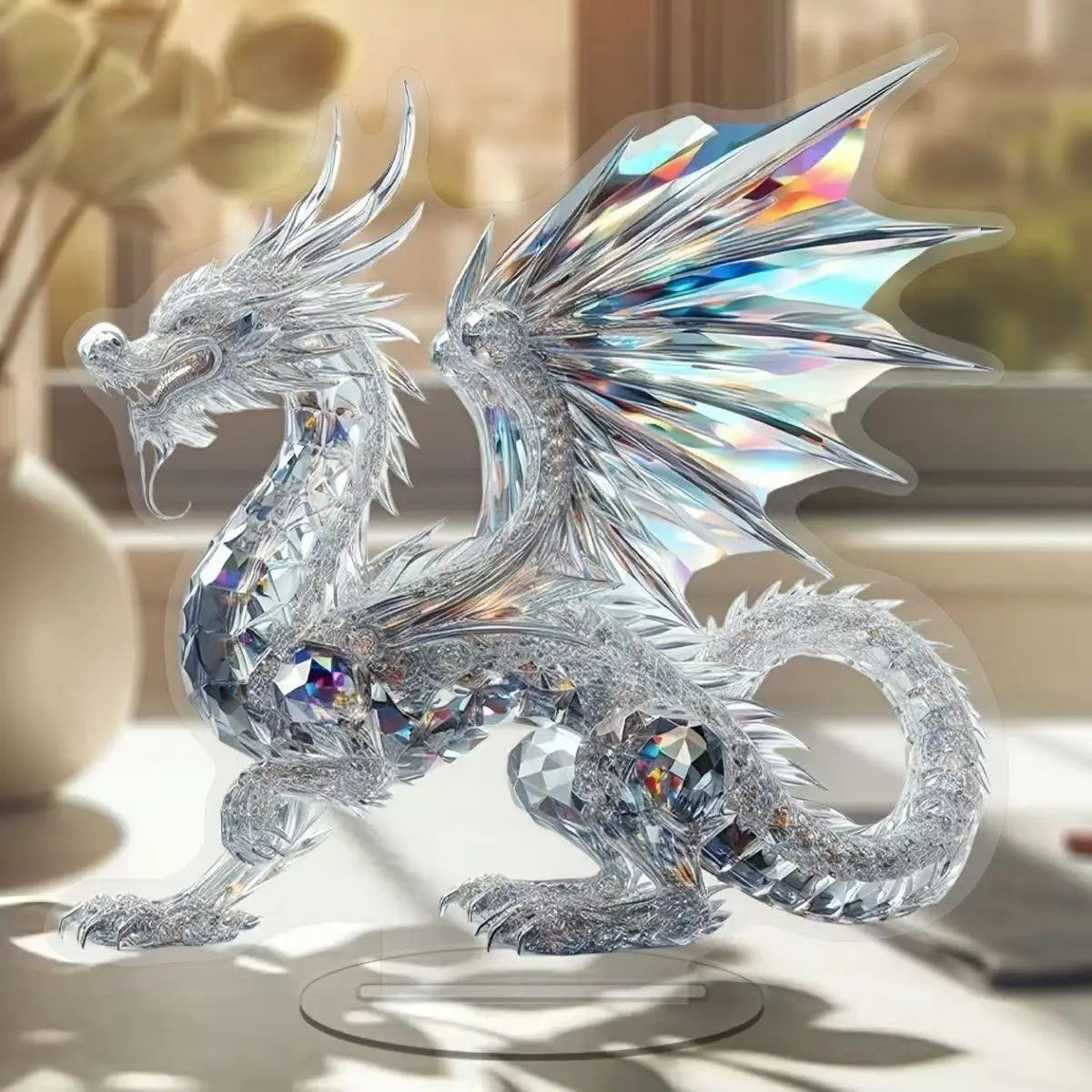 Statua Drago Di Cristallo Bianco Acrilico Piatta 2D Per Casa Ufficio Decorazione Tavolo Regalo