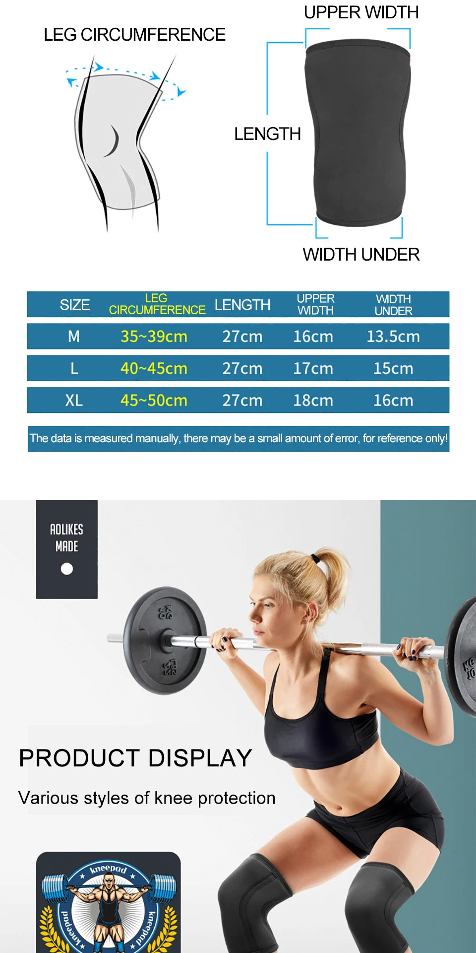 Ginocchiere Neoprene 7 Mm Aolikes Stabilità Protezione Comfort Sollevamento Pesi CrossFit Per Atleti