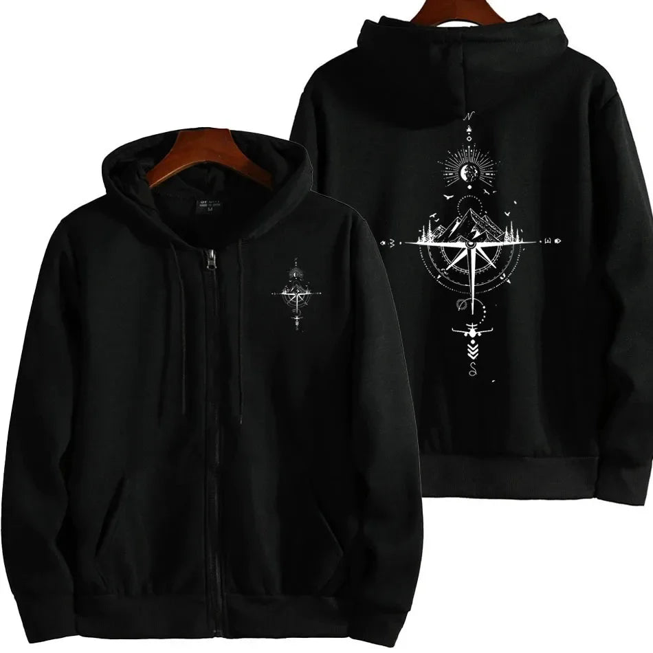 Felpa con Cappuccio Zip Stampa Bussola Vintage Uomo Sportiva Casual Invernale Abbigliamento Uomo