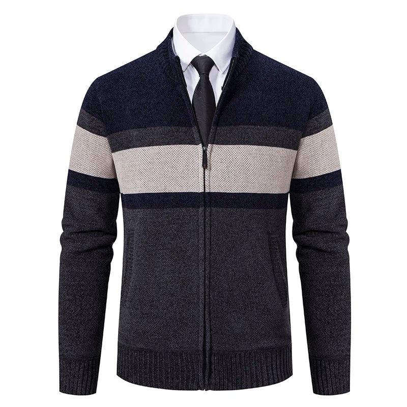 Nuovo Maglione Invernale da Uomo in Pile Spesso con Colletto Coreano e Cerniera Cardigan Casual a Righe
