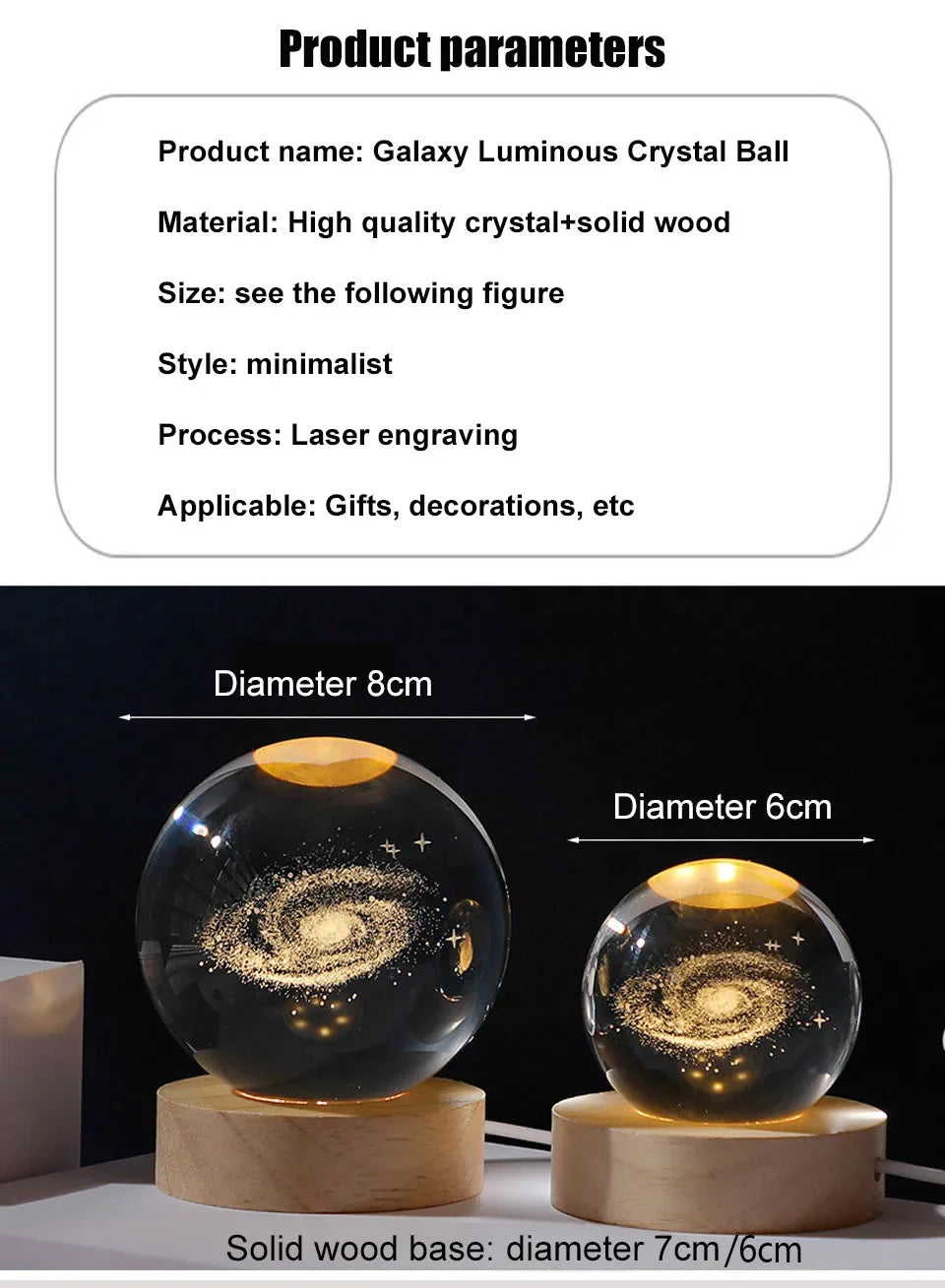 Luminaria Notturna USB LED Regalo Festival Galaxy Palla di Cristallo 3D Lampada Lunare Decorazione Domestica