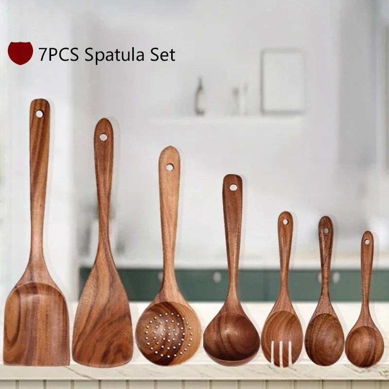 Wxcoo Cucchiai Da Cucina In Legno Di Teak Naturale Set Spatole E Paletta In Legno Antiaderente Utensili Da Cucina