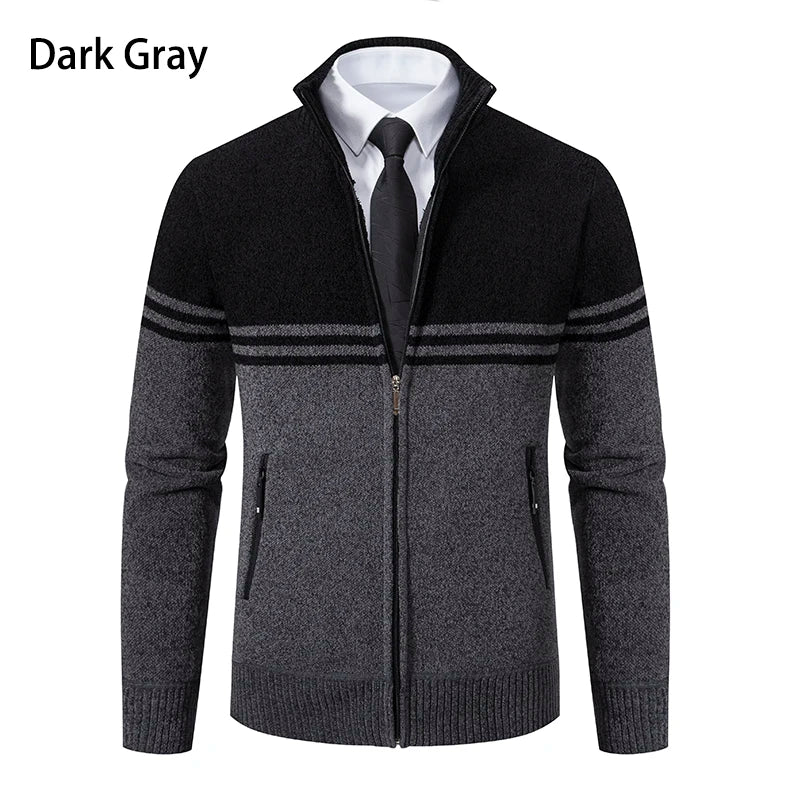 Nuovo Maglione Invernale da Uomo in Pile Spesso con Colletto Coreano e Cerniera Cardigan Casual a Righe