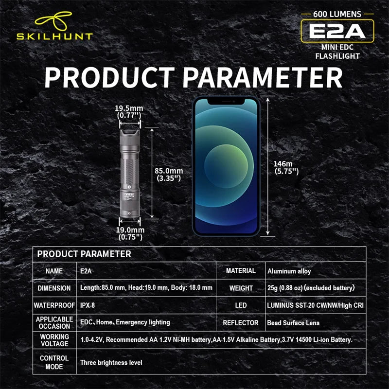 Skilhunt E2A 600 Lumen Mini Torcia LED EDC Tascabile Ricaricabile Compatibile Con Batteria 14500 O AA