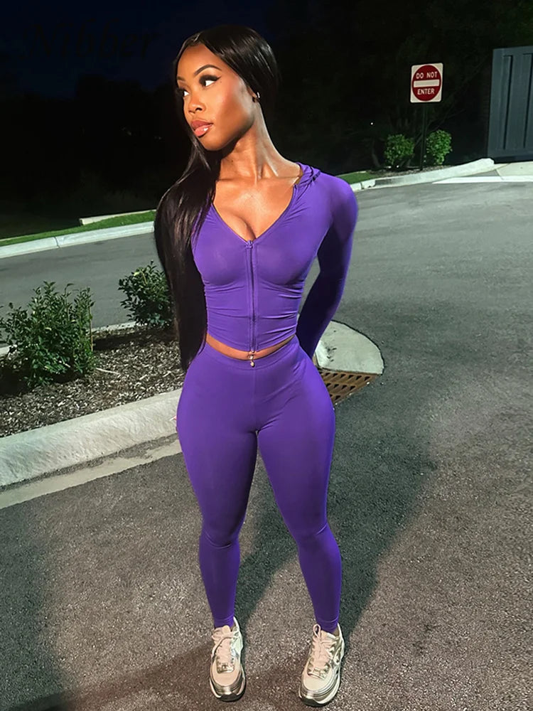 Nibber Sportivo Casual Tuta 2 Pezzi Donna Con Cappuccio Zip Crop Top E Leggings Fitness Morbide Stretch Streetwear