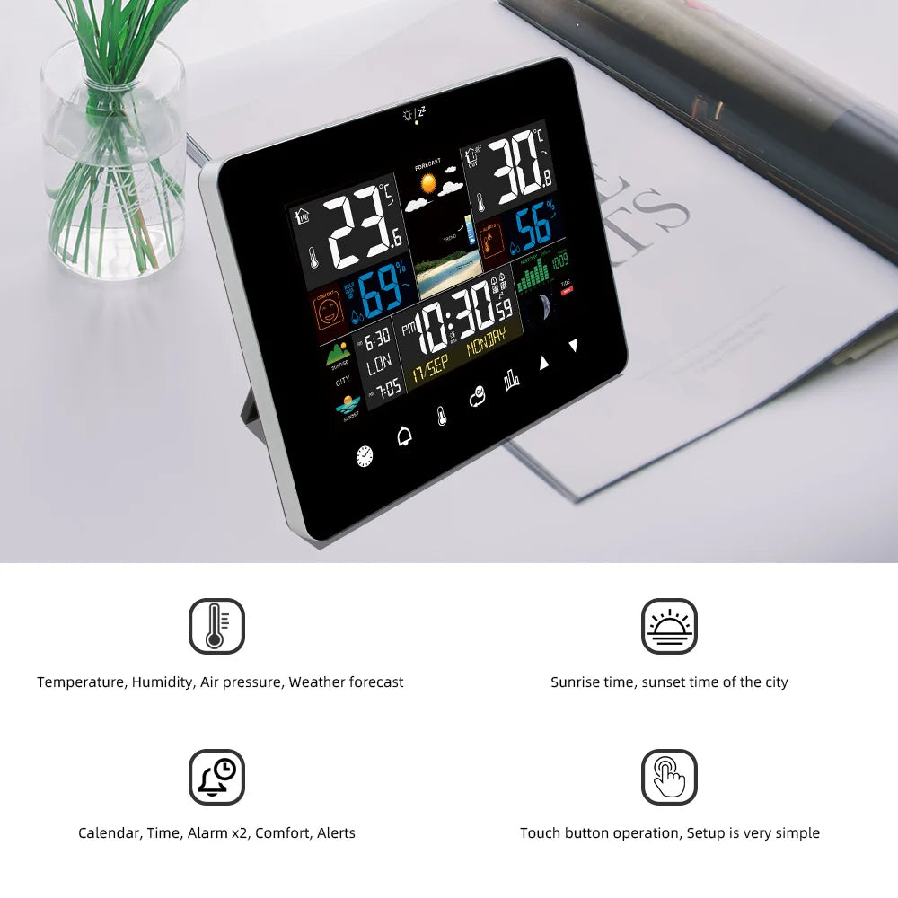 Stazione Meteo Multifunzionale Sveglia Touch Screen Termometro Igrometro Con Sensore Wireless Alba Tramonto Igrotermografo
