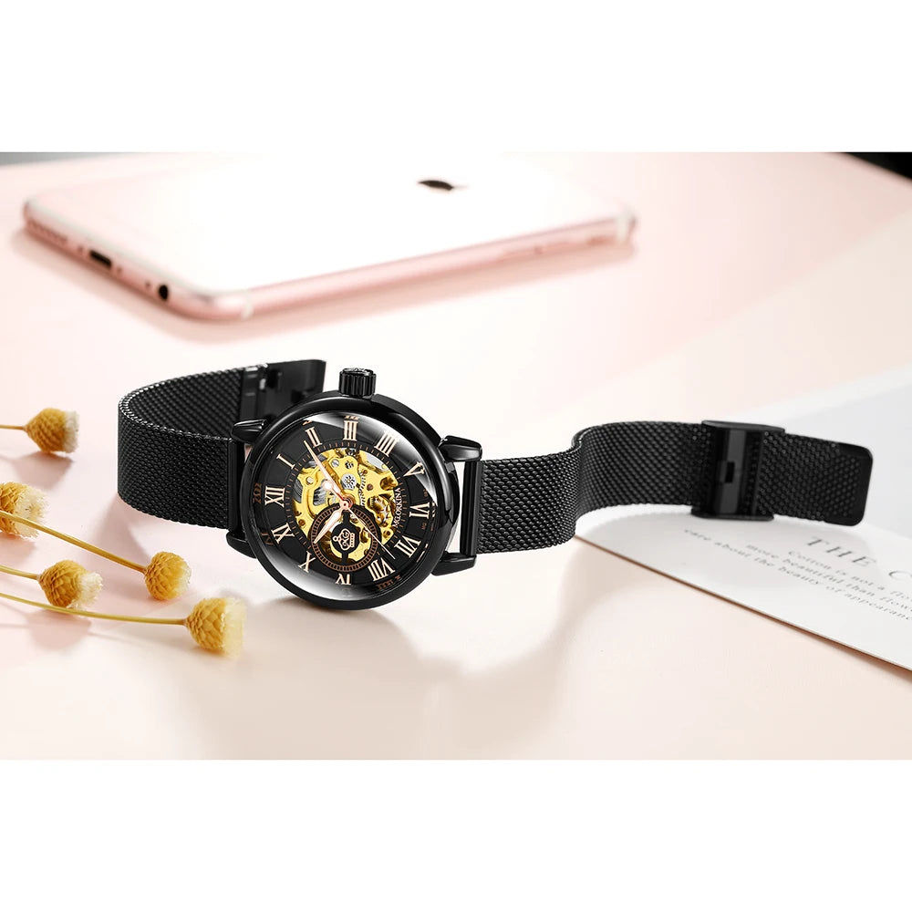 Orologio Automatico Da Donna Orkina Scheletrato Nero Con Cinturino Rete In Acciaio Inossidabile Lusso Per Affari