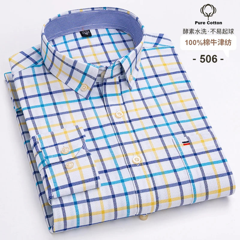 Camicia Da Uomo In Cotone Oxford A Quadri Maniche Lunghe Vestibilità Regolare Con Tasca Frontale