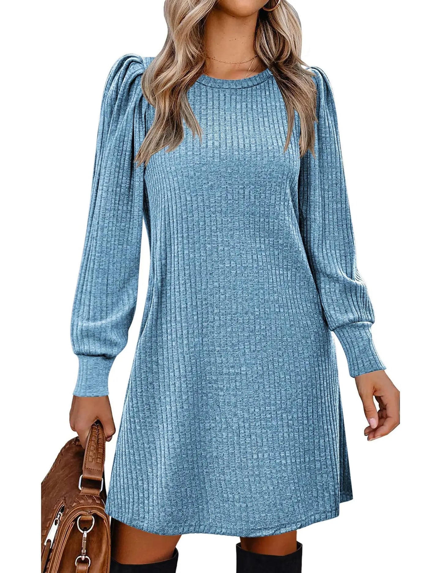 Abito da Donna in Maglia con Maniche a Palloncino e Tasche Laterali Autunno Inverno Comfort Quotidiano