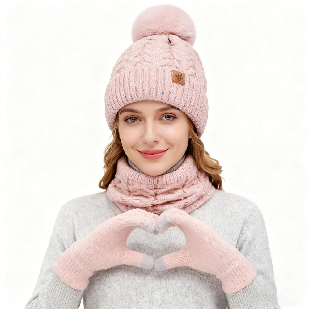Set Cappello Invernale Donna Sciarpa Guanti Con Pompon Pelo Lavorato A Maglia Per Ragazze Adolescenti