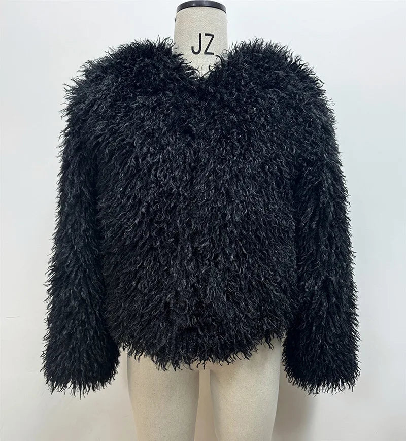 Cappotto Donna Pelliccia Sintetica Marrone Girocollo Allentato Maniche Lunghe Spessa Peluche Giacca Inverno Nuovo 7A1041