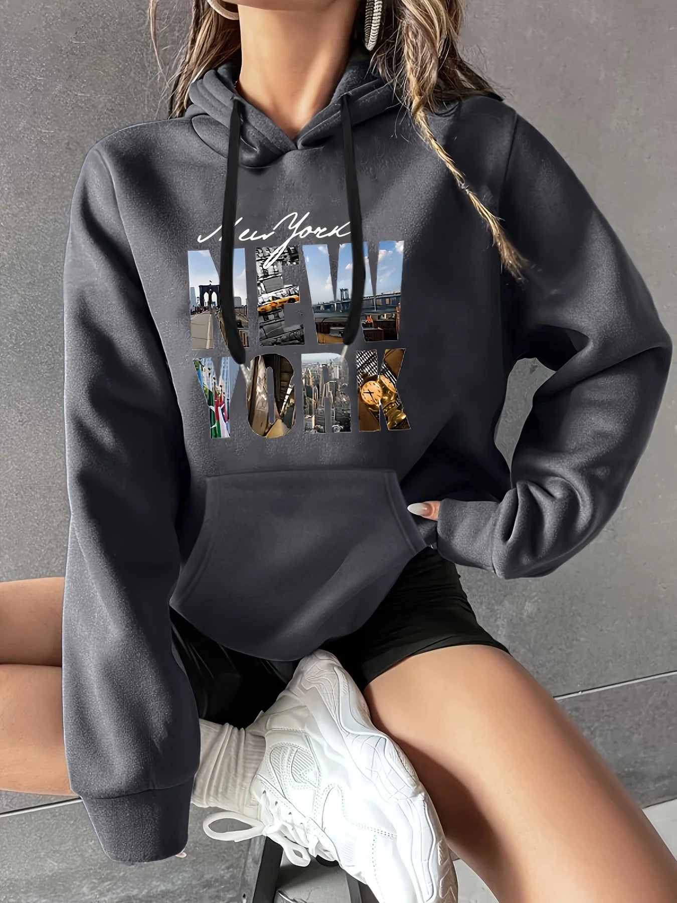 Felpa Donna Autunno Inverno Calda Ampia Casuale Con Cappuccio Maniche Lunghe In Pelle Scamosciata Stampata
