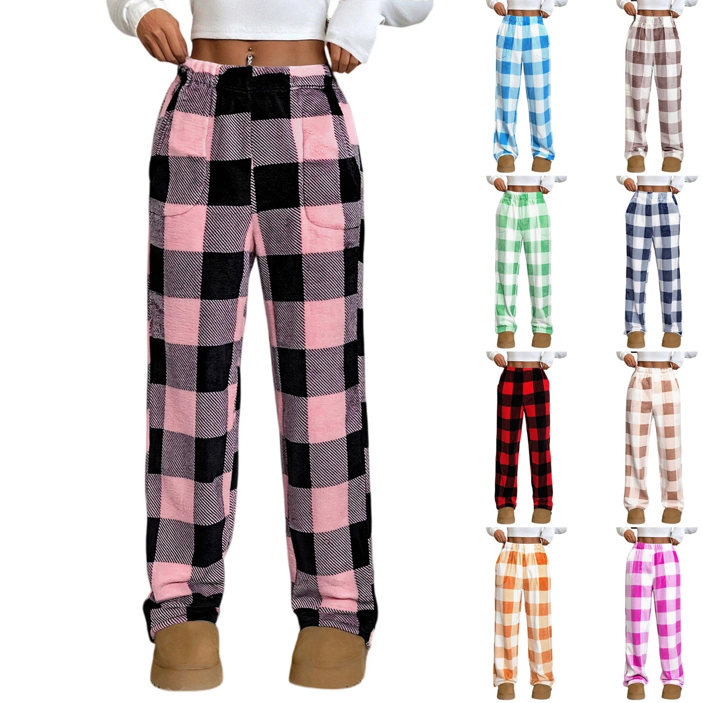 Pantaloni Del Pigiama Da Donna Con Vita Elastica E Scozzesi In Pile Morbidi Con Tasche Peluche