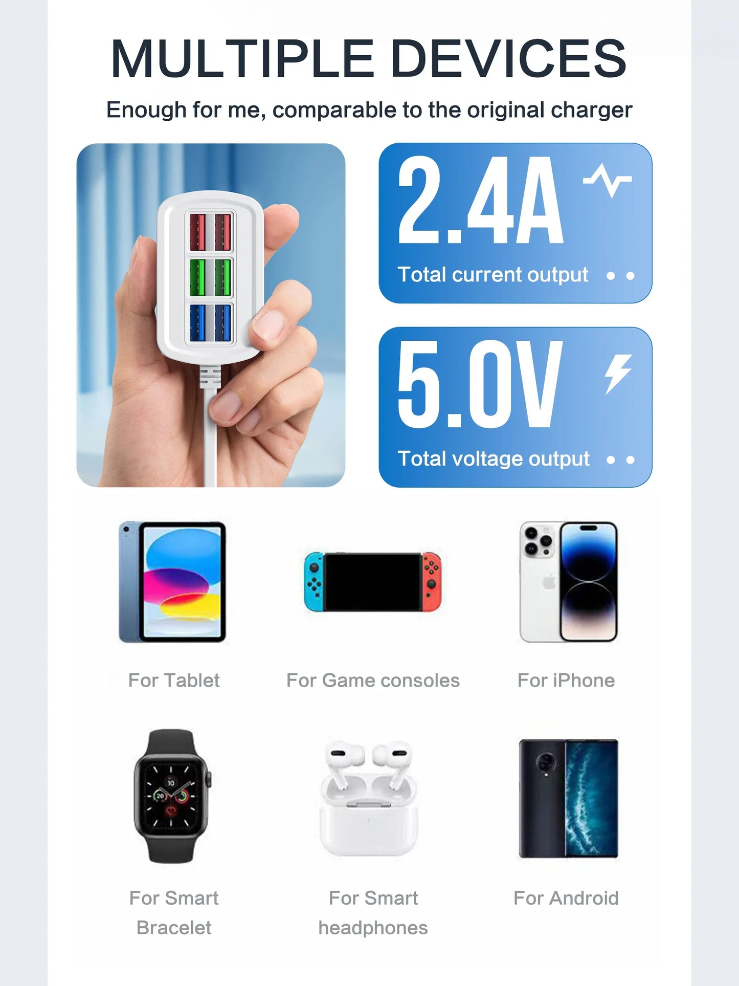 Caricatore USB Veloce 6 In 1 Stazione Ricarica Da Tavolo Con Cavo Da 1 M Hub USB Integrato Compatibile iPhone