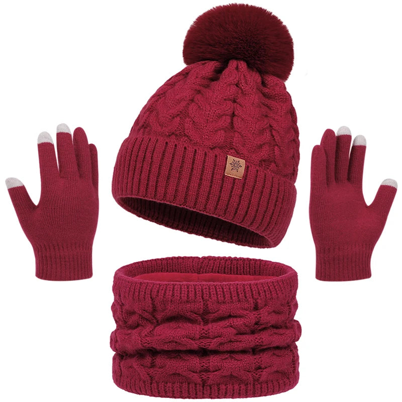 Set Cappello Invernale Donna Sciarpa Guanti Con Pompon Pelo Lavorato A Maglia Per Ragazze Adolescenti