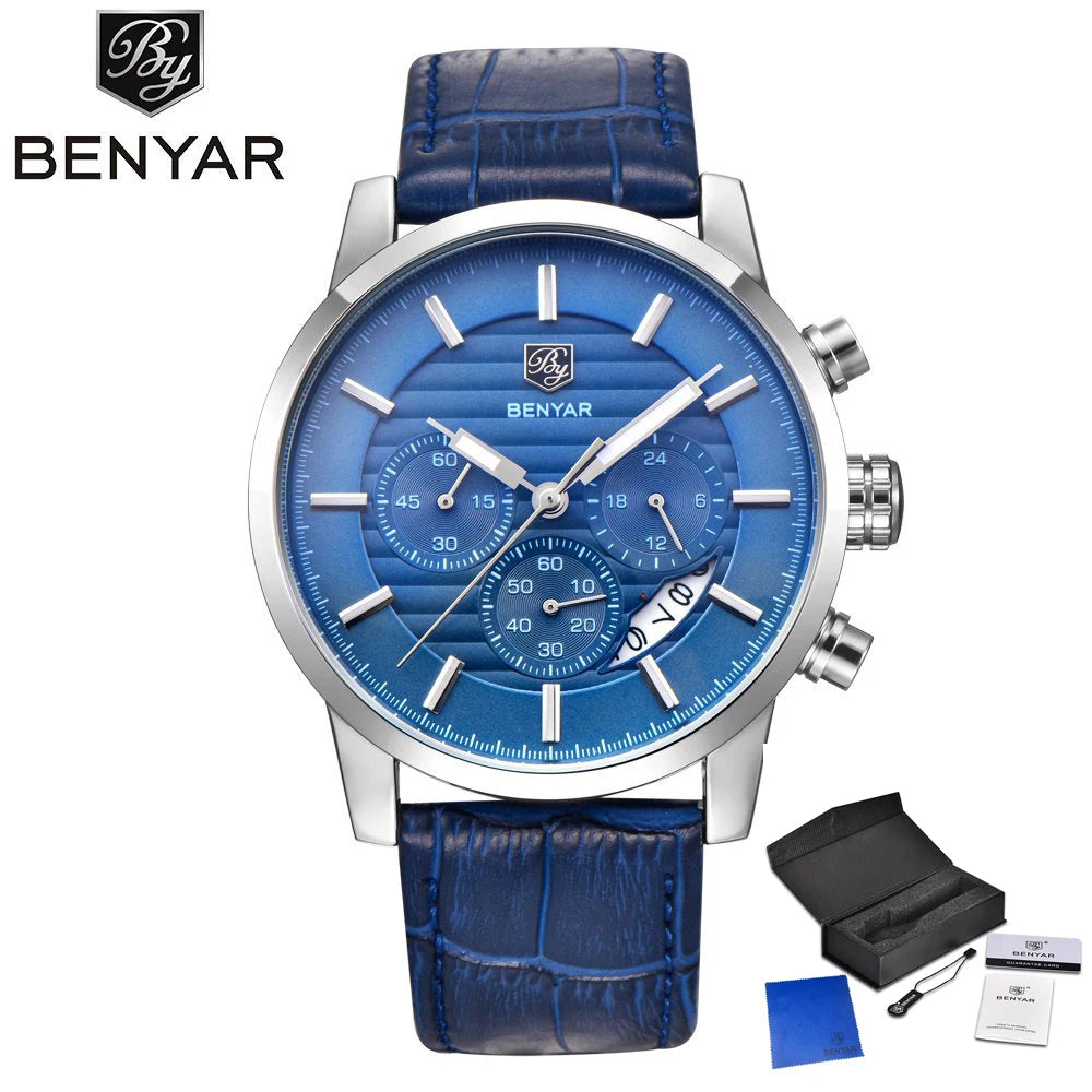 Orologio Da Uomo BENYAR Al Quarzo In Pelle Impermeabile Multifunzione Cronografo calendario Resistente Agli Urti