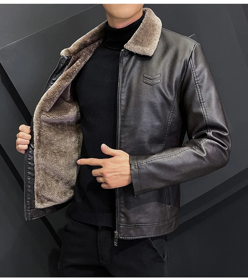 Giacca In Pelle Ispessita Da Uomo Invernale Con Cerniera E Bavero Design Taglie Forti Bomber