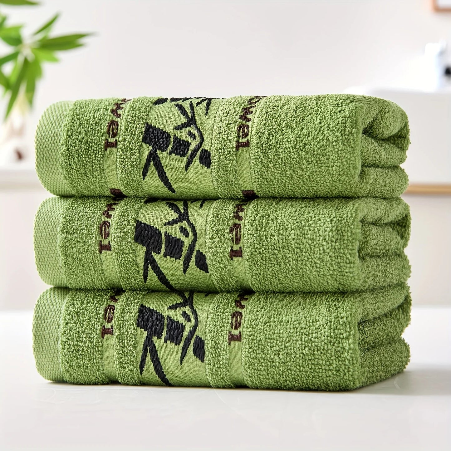 Set Di 3 Asciugamani Da Bagno In Fibra Di Bambù Verde 34x74cm E 70x140cm Per Viso E Mani