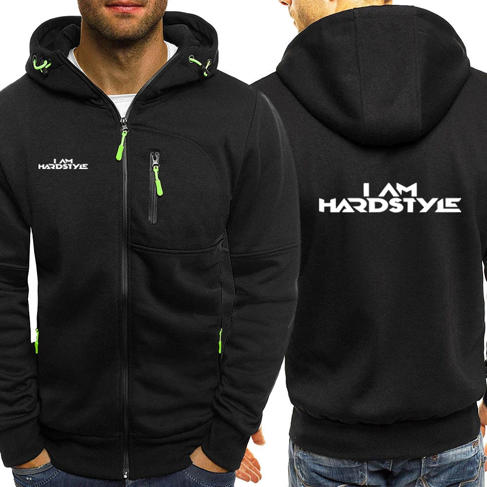 Cardigan Uomo con Cappuccio Zip in Cotone I Am Hardstyle Logo Stampa Casual Sportivo Autunno Primavera