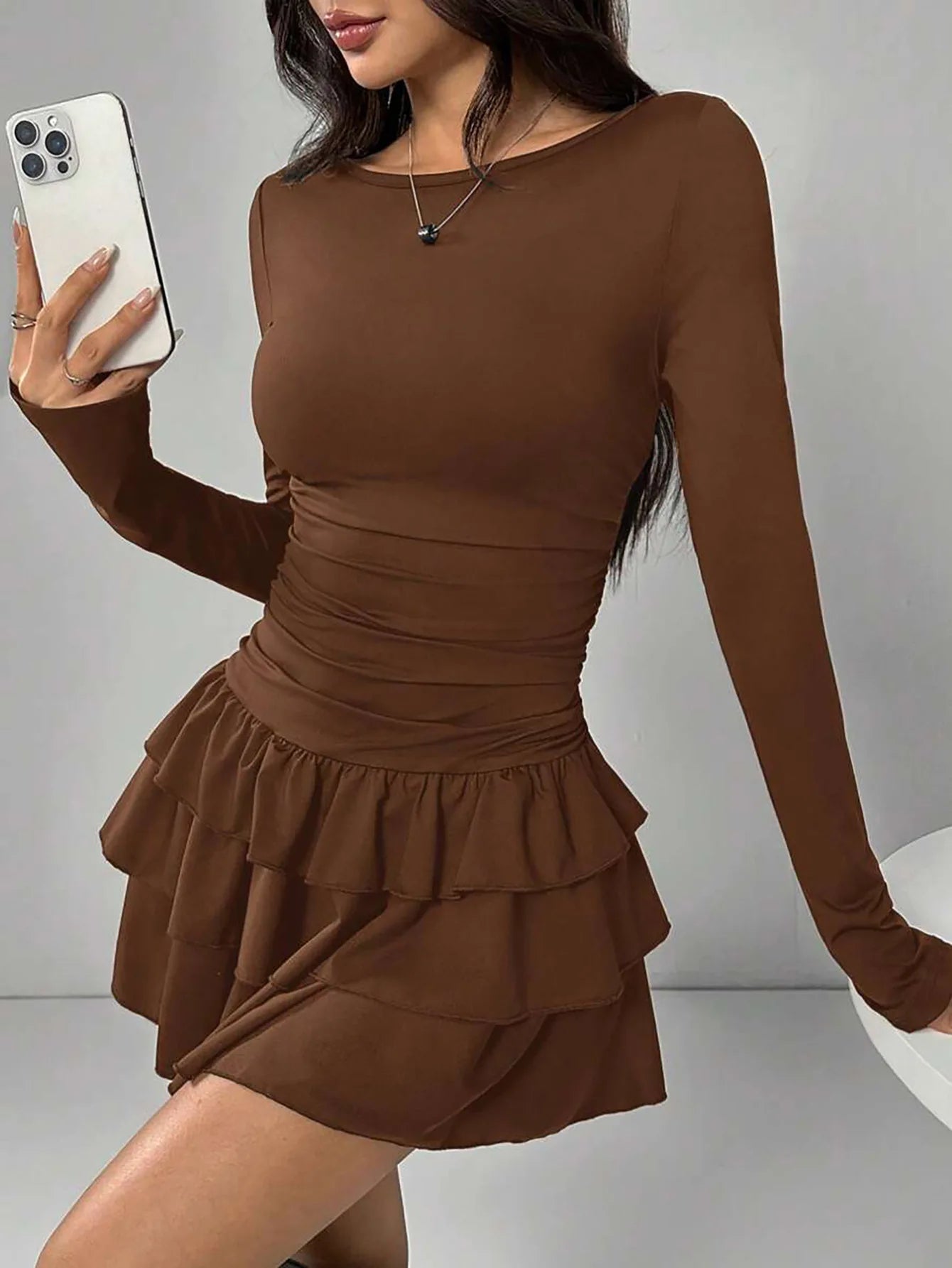 Abito Da Donna Slim Fit Autunno Inverno Midi Vita Alta Empire Tinta Unita Con Increspature E Maniche Svasate