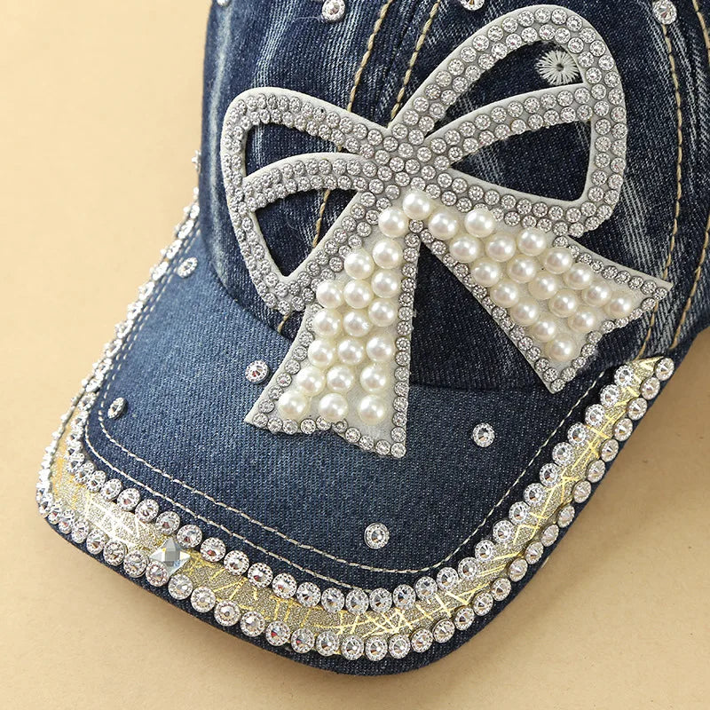 Berretti Baseball Denim Regolabili Protezione Solare Fiocco Perle Cuciture Diamante Fatto a Mano Cappelli Versatili