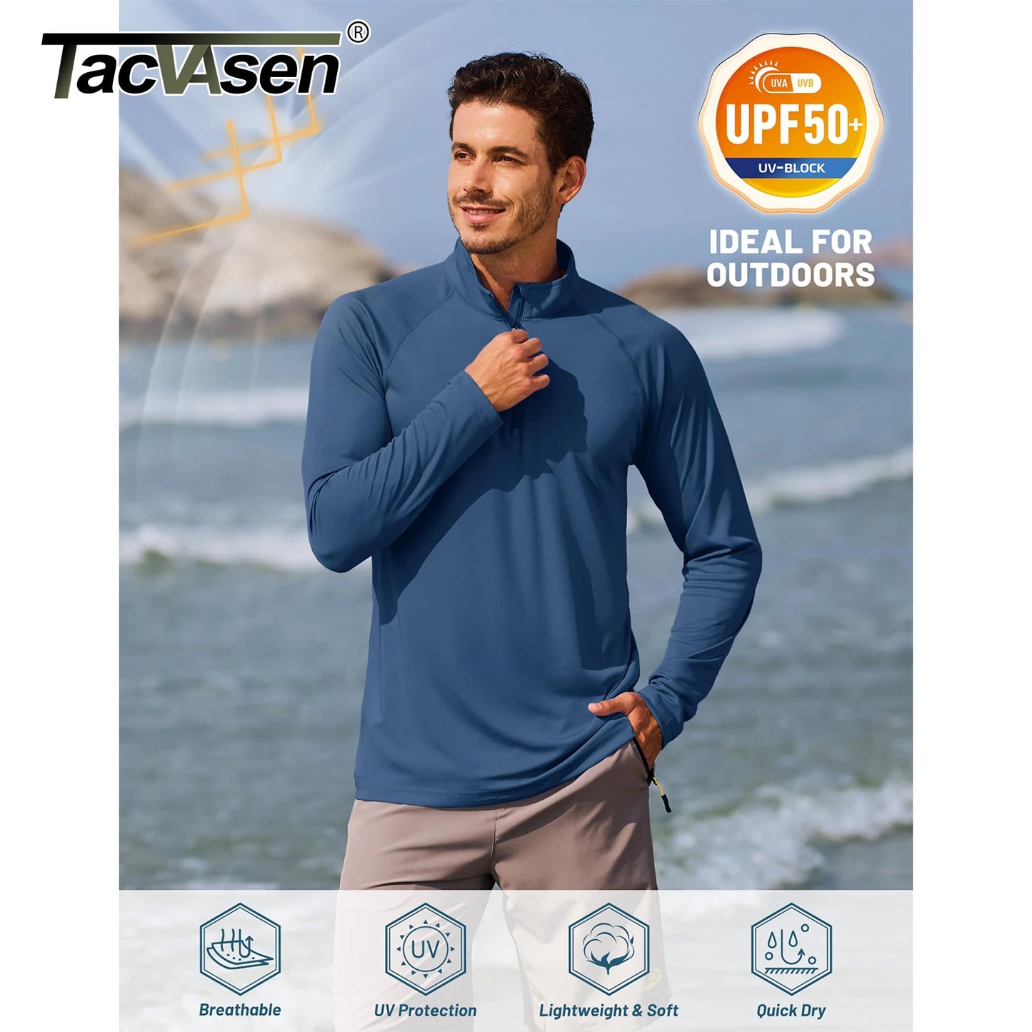 TACVASEN UPF50+ T-shirt con protezione UV Camicia da pesca leggera a maniche lunghe ad asciugatura rapida da uomo Escursionismo all'aperto Allenamento Protezioni