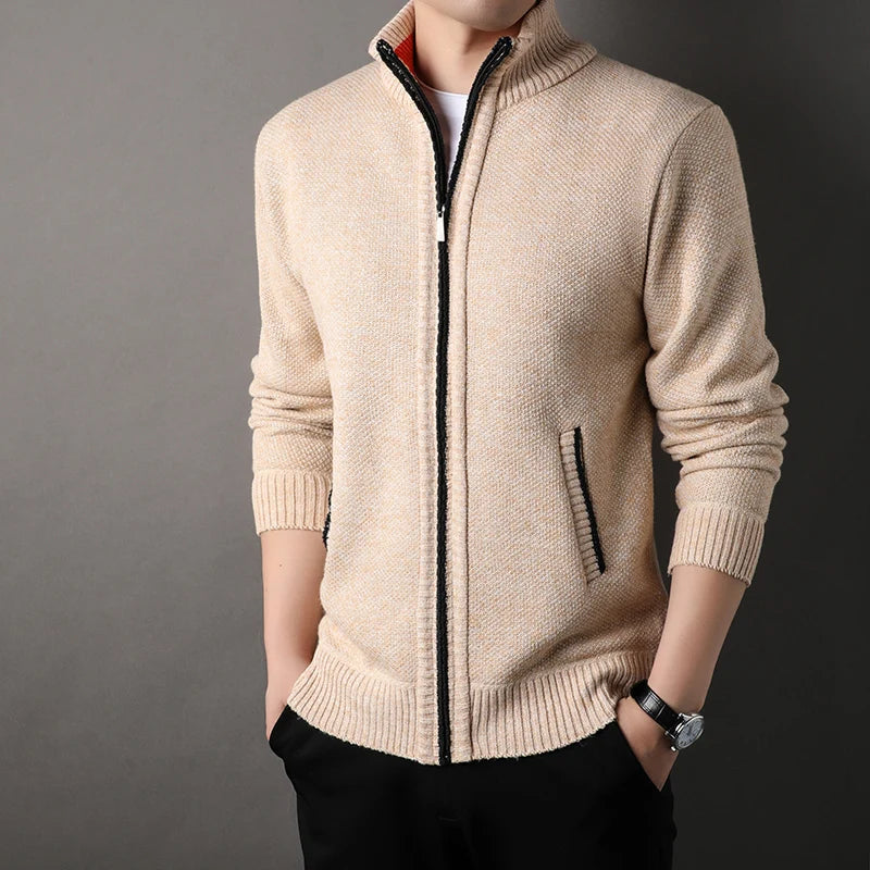Maglione Lavorato A Maglia Con Colletto Rialzato Da Uomo Autunno Inverno Cardigan Slim In Tinta Unita Coreana