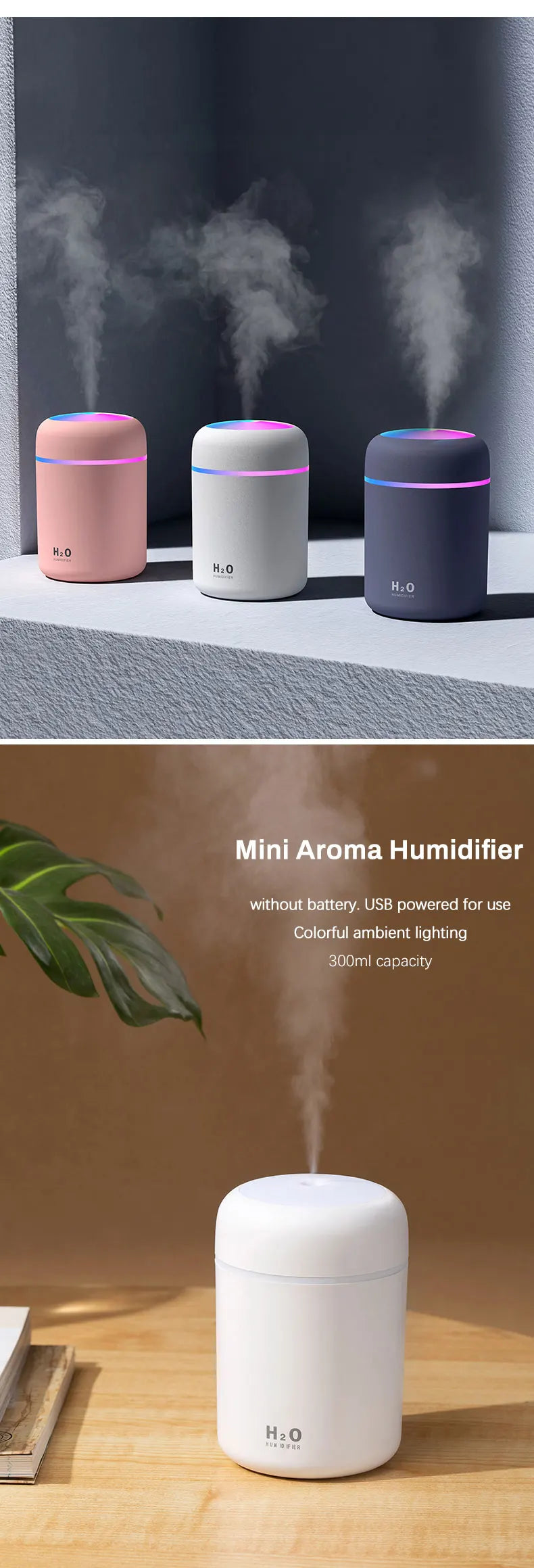 Diffusore Aromaterapia Umidificatore Purificatore D'Aria 300ml Luce a Sette Colori Olio Essenziale per Uso Domestico