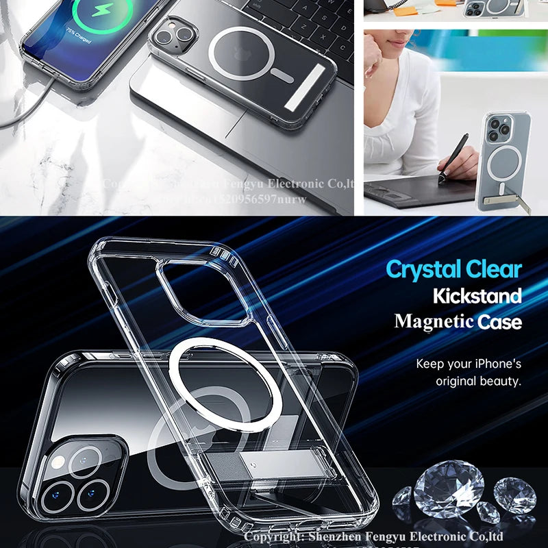 Custodia Magnetica Cristallina Con Cavalletto Per iPhone 12 Mini 13 Mini 15 Pro Max 16 17 Pro Max Con Supporto