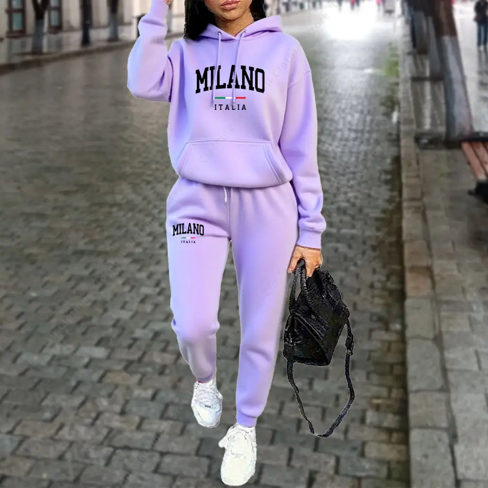 Tuta Da Donna 2 Pezzi Autunno Inverno Set Con Cappuccio Pantaloni Stampa Lettera Milano Estetica Sportiva