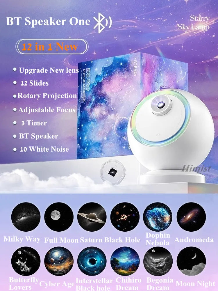 Meteor Dinamico 12 in 1 Lampada Proiettore Galaxy Ultra Trasparente Rotante con Lettore Musicale Regalo per Bambini