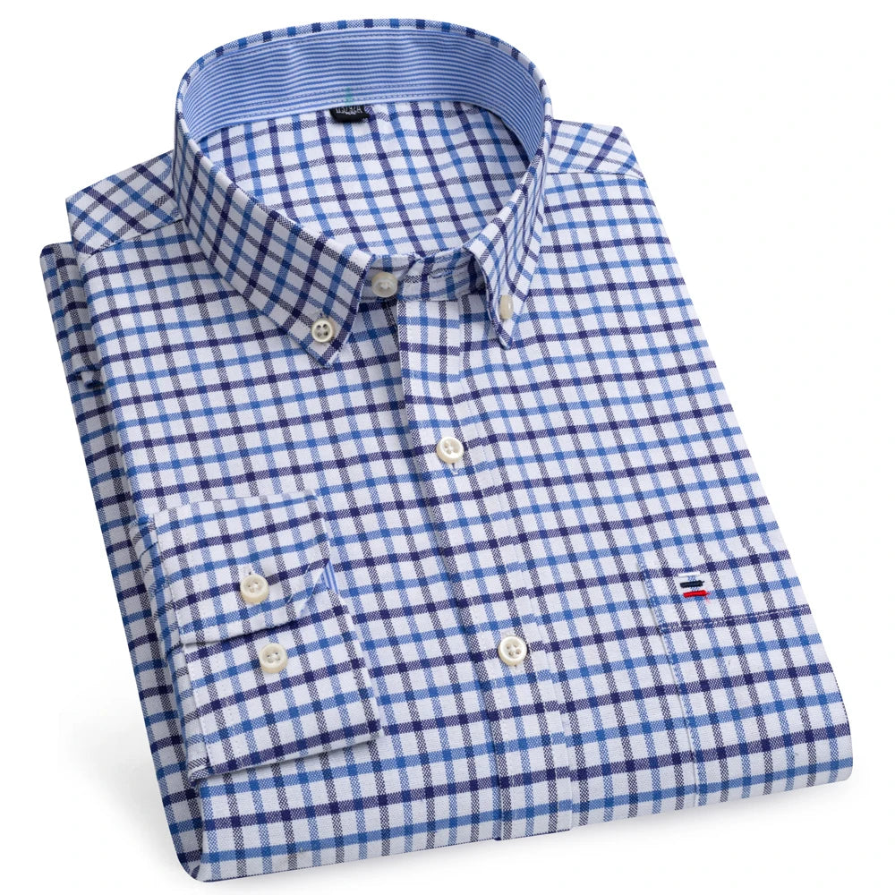 Camicia Da Uomo Oxford Abbottonata Maniche Lunghe In Cotone Al 100 Percento Con Tasca A Quadri Piccoli Stile Casual